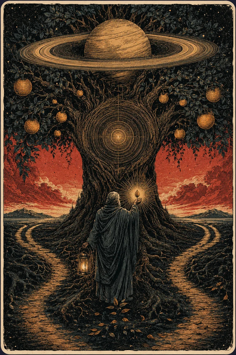 An elder standing before a Saturn tree, representing the second Saturn Return around age 59