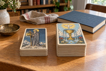 Two tarot-card stacks topped by a Hermit illustration and an overflowing cup on a wooden table