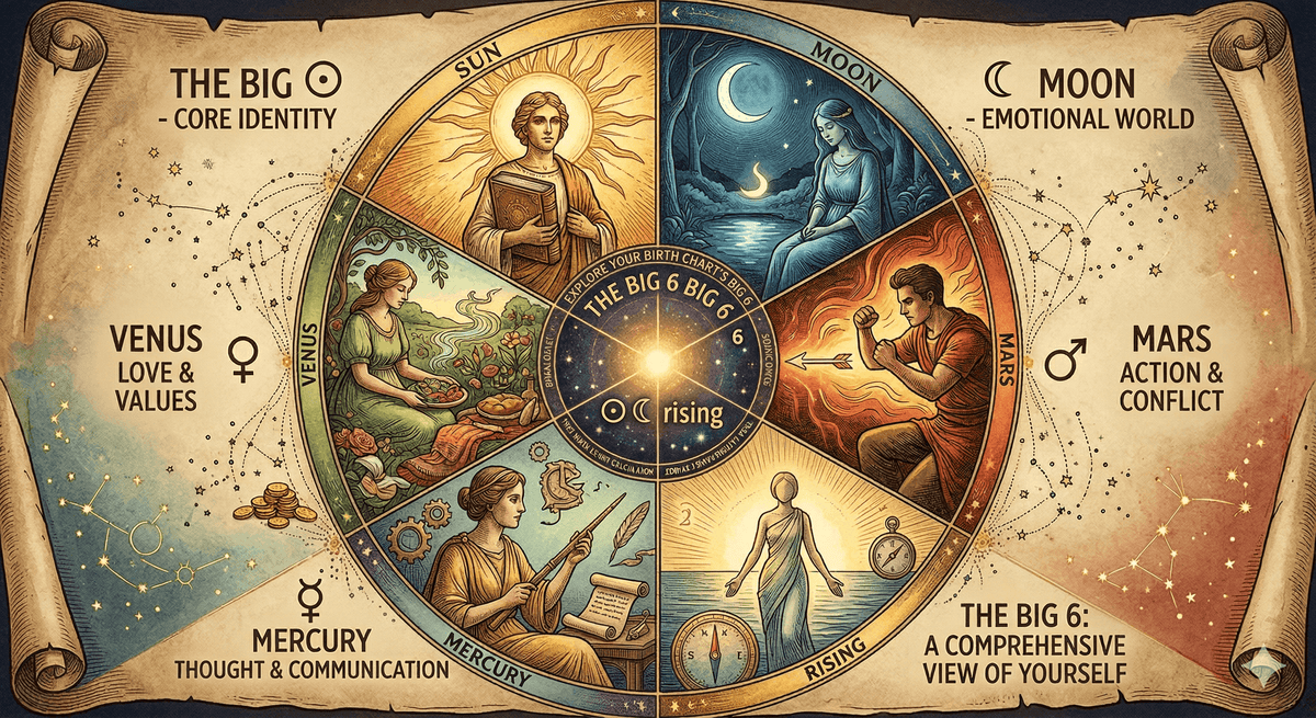 Sun, Moon, rising sign, and Big 6 astrology placements
