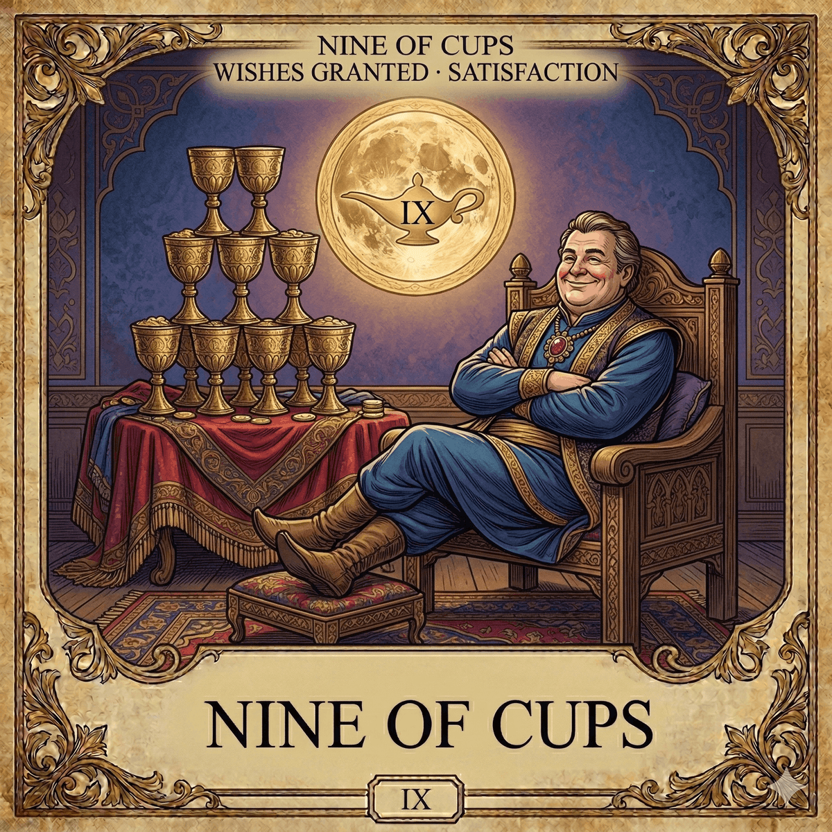 Nine of Cups tarot card for wishes, satisfaction, and emotional fulfillment
