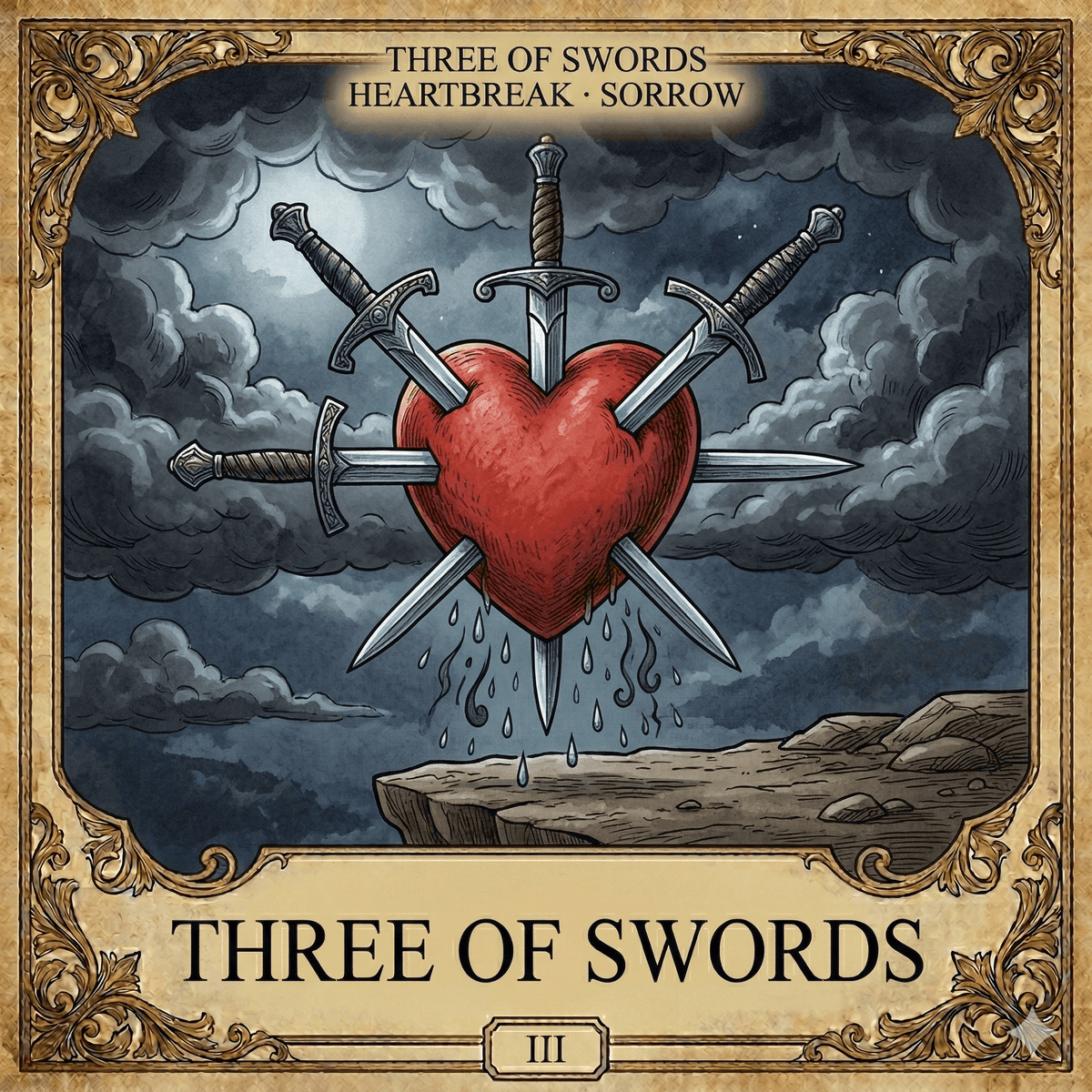 Three of Swords tarot card for heartbreak, grief, and difficult truth