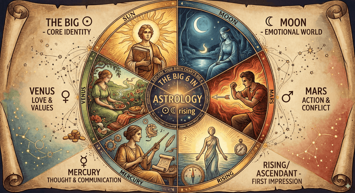 Natal chart wheel with zodiac signs, houses, and planetary placements