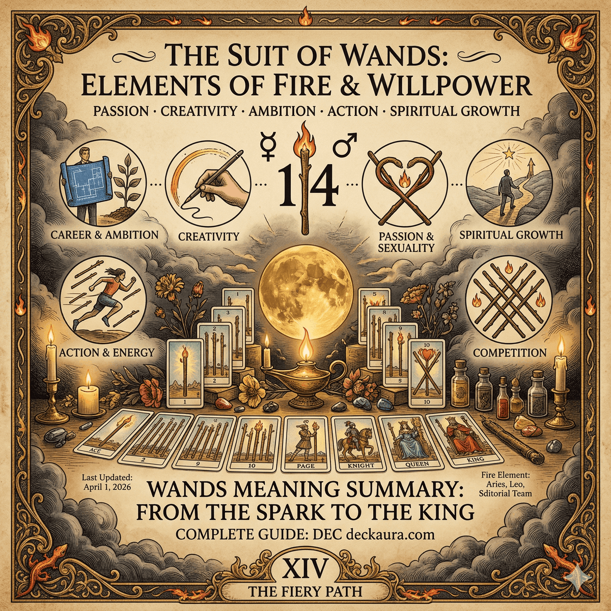 Tarot wands representing the fire element, creativity, action, and drive