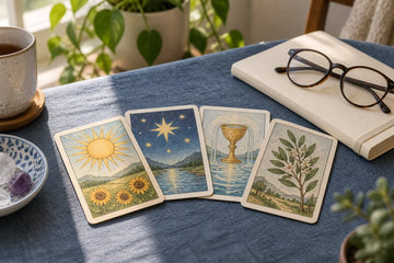 Illustrated tarot cards lie on slate-blue cloth beside a closed notebook and reading glasses