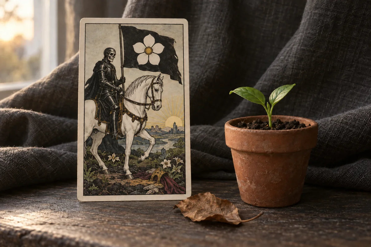 A Death tarot card with a white horse and rose flag beside a green seedling and dry leaf