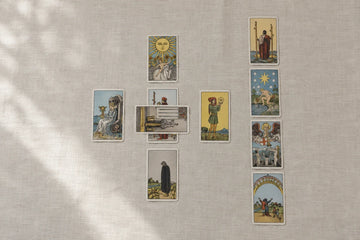 Ten tarot cards arranged in a Celtic Cross with a crossing center pair and four-card column.
