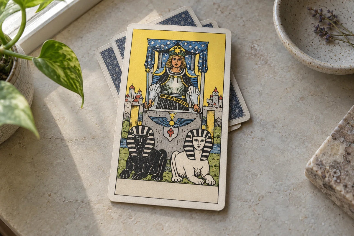 A printed Chariot tarot card with an armored driver and two sphinxes on a sunlit stone desk.