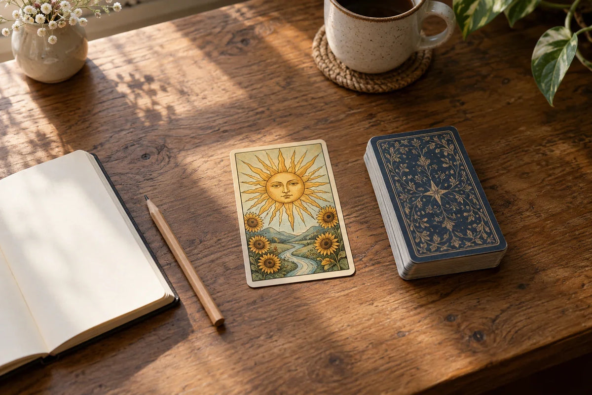 One face-up sun-themed tarot card beside a face-down deck and open journal in morning light.