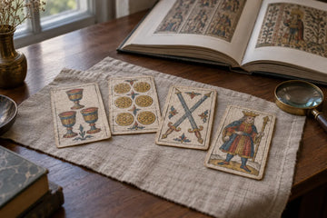 Illustrative study scene with early European style cards, an open art book and a magnifying glass.