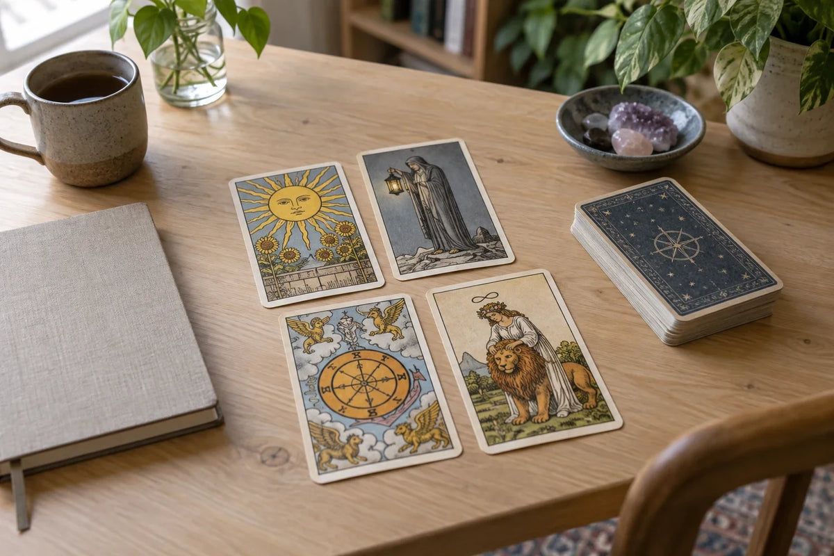 Four Major Arcana cards laid out for study beside a tarot deck and notebook.