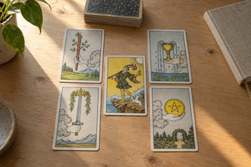 The Fool and four Ace cards representing Wands, Cups, Swords and Pentacles on a sunlit study desk.