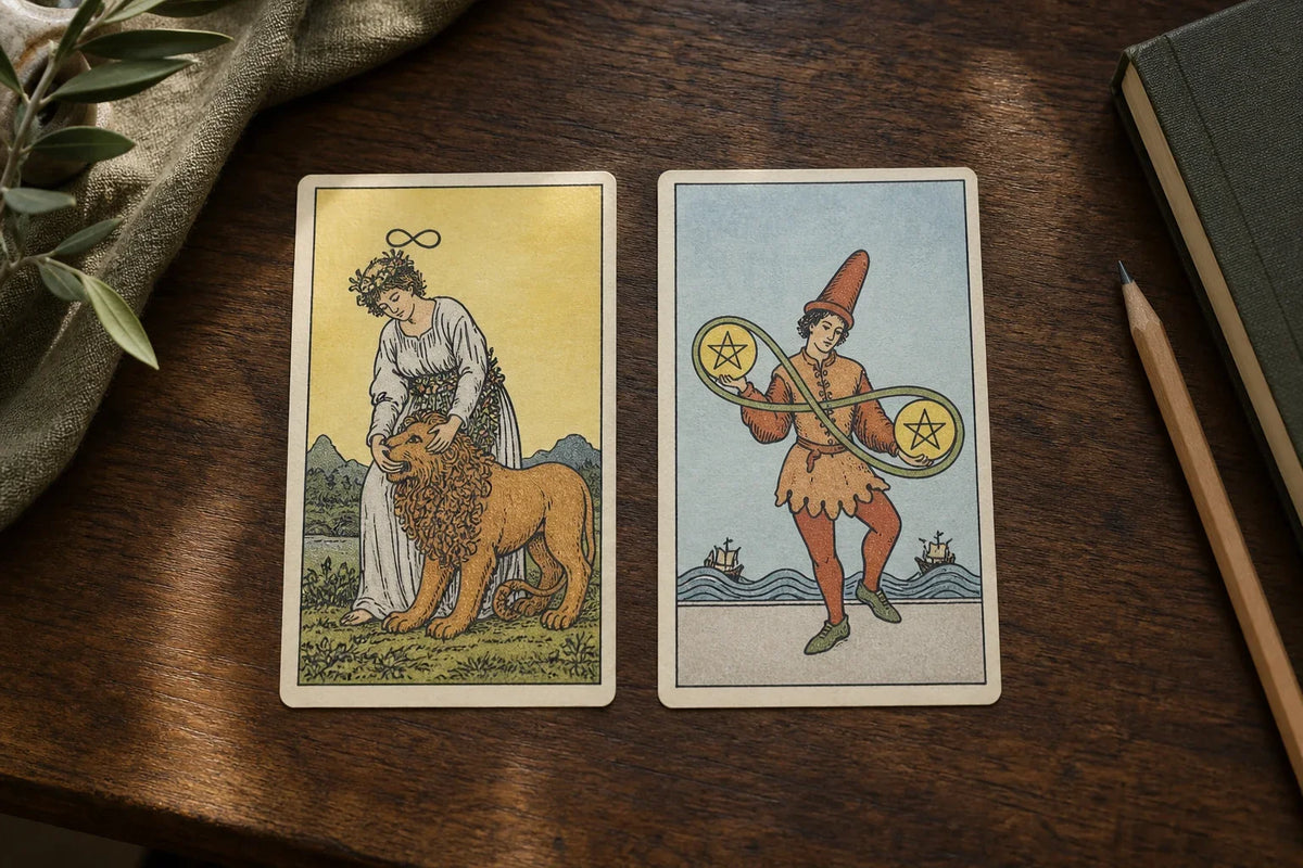 Strength and Two of Pentacles tarot cards placed side by side on a walnut desk.
