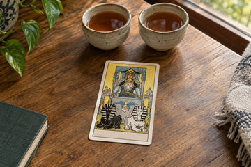A Chariot tarot card between two ceramic tea cups on a wooden table.