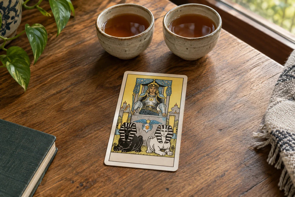 A Chariot tarot card between two ceramic tea cups on a wooden table.