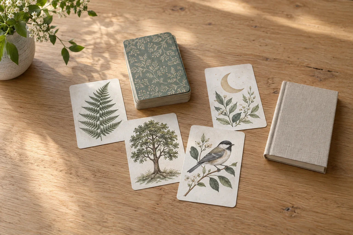Four nature-themed oracle cards beside a matching deck and a linen-covered guidebook.