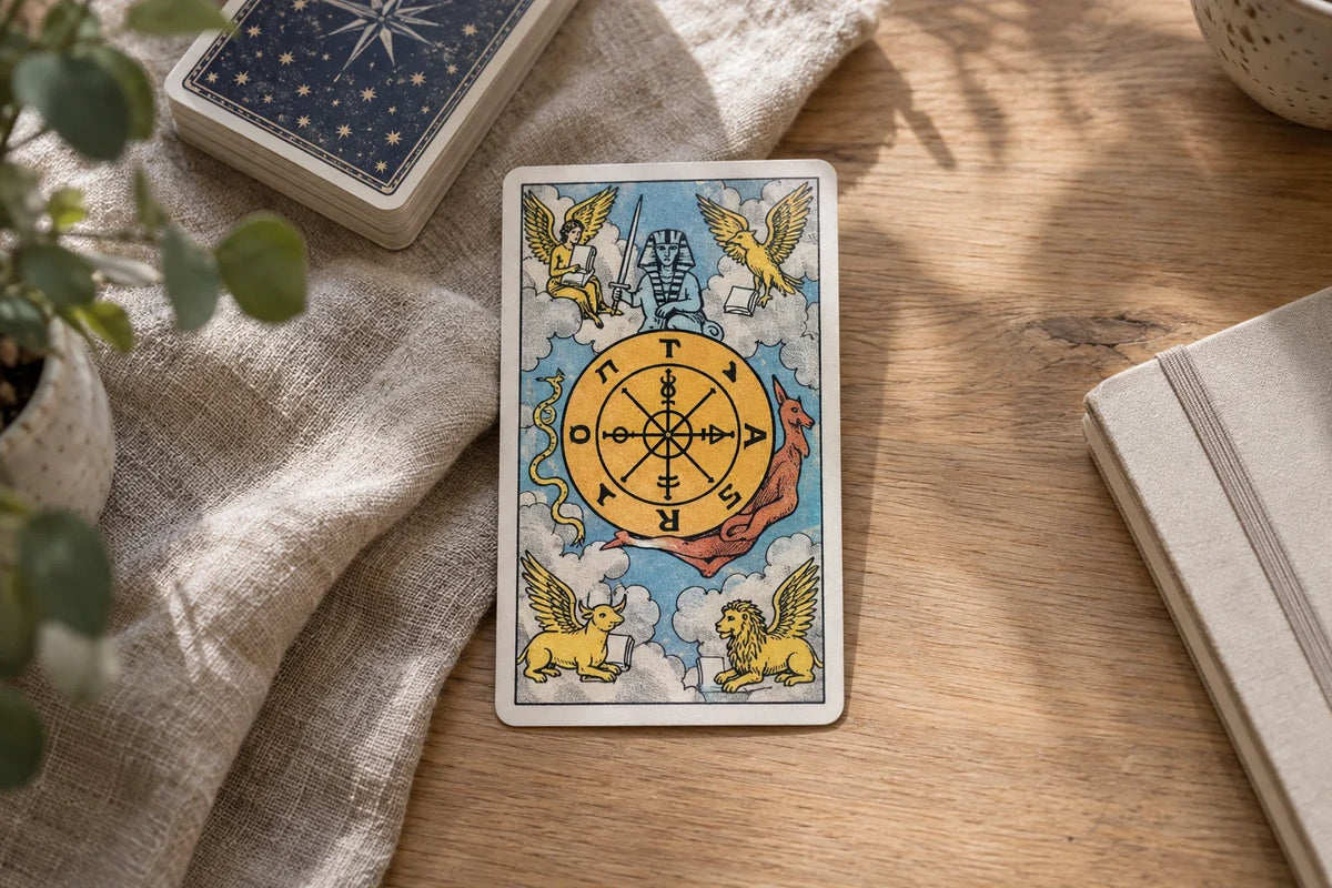 A Wheel of Fortune tarot card on natural linen beside a deck and notebook.