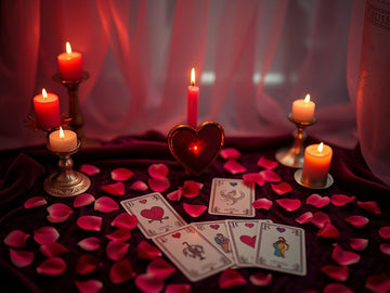 Romantic tarot reading with heart candles and rose petals for love questions