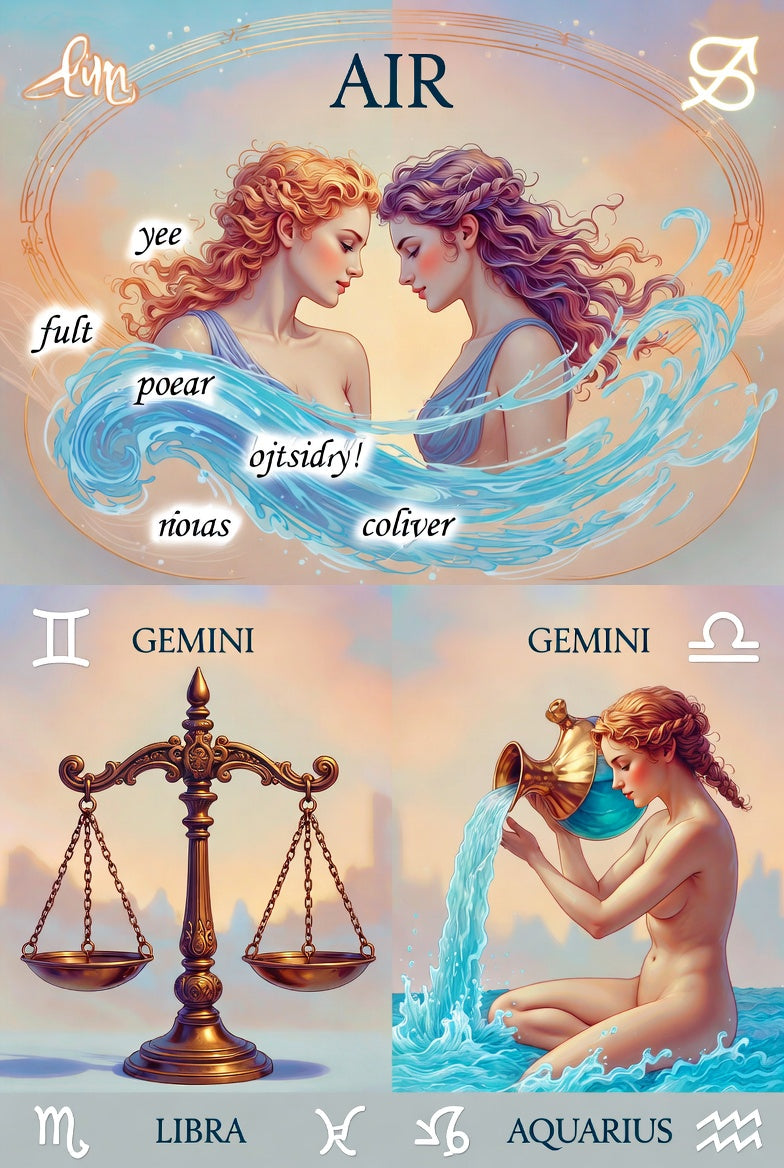Gemini, Libra, and Aquarius representing the zodiac air signs