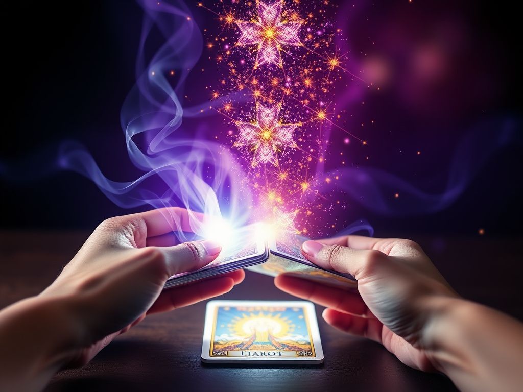 Mystical energy flowing between tarot cards and hands showing how tarot works