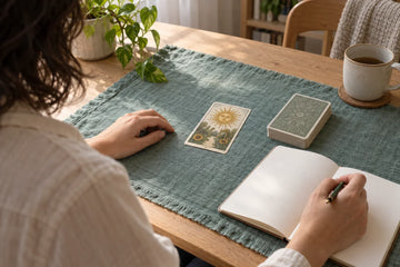 A reader studies one face-up tarot card beside a deck and open notebook on a sea-green cloth