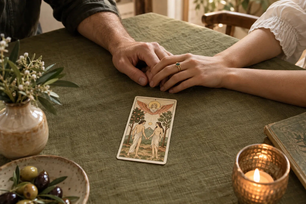 Two people's hands meet beside a Lovers tarot card on an olive-colored tablecloth.