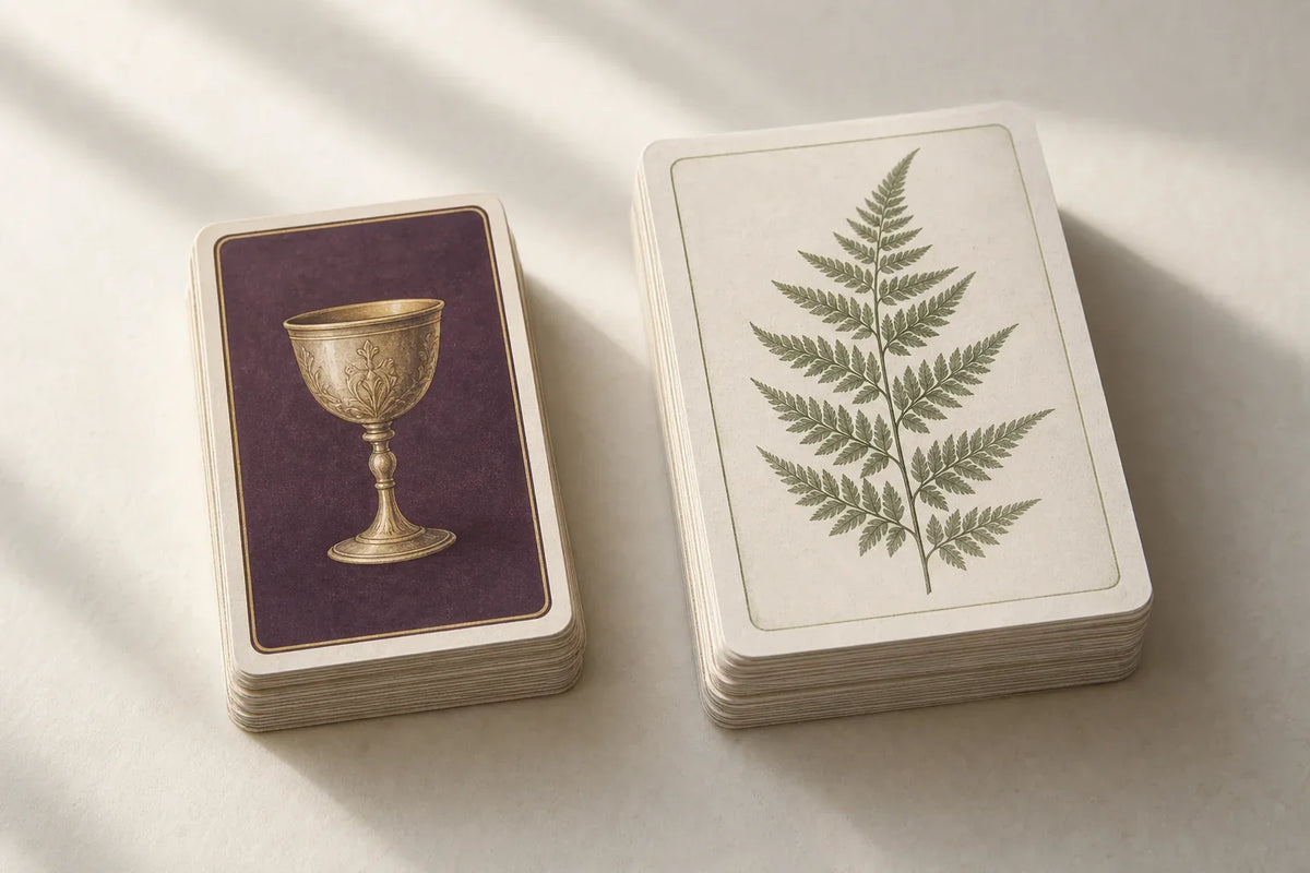 A plum tarot deck with a golden cup card beside a larger fern-patterned oracle deck