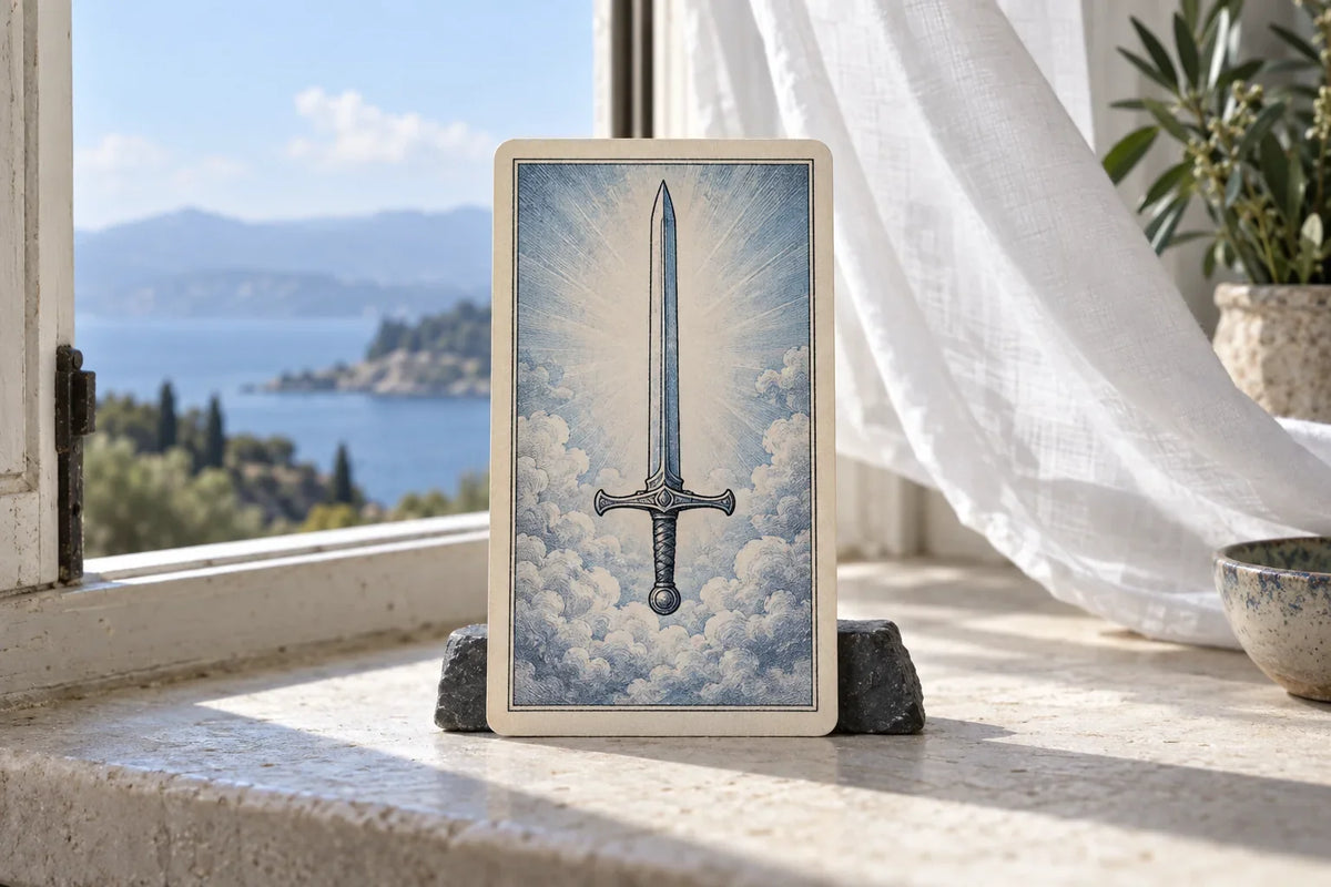 An Ace of Swords card with one upright sword stands on a stone windowsill beside a light white curtain