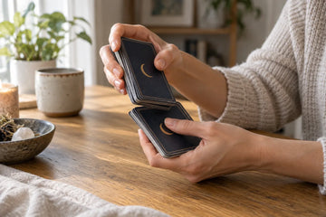Hands using the overhand shuffle to mix a blue-backed tarot deck on an oak table
