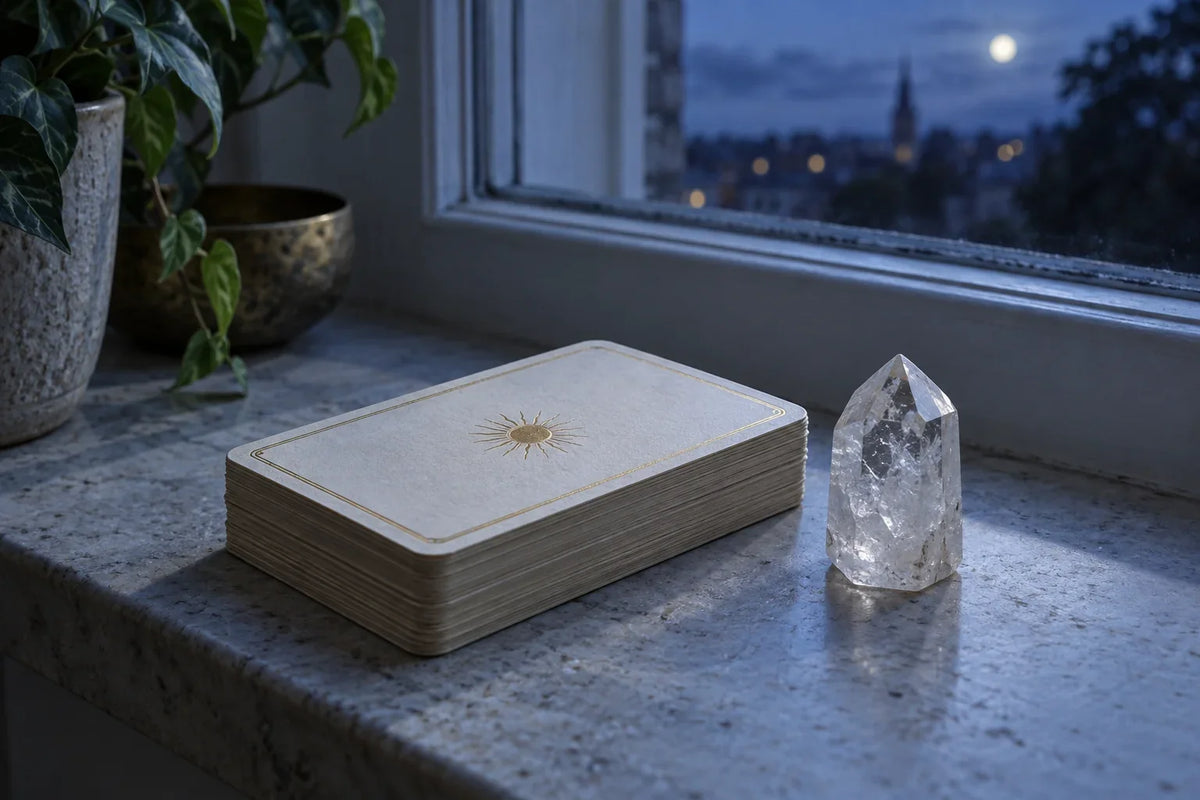 Cream tarot cards and clear quartz on a dry indoor windowsill in soft moonlight