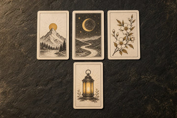 Three face-up tarot cards in a row with one separate clarifying card below the middle card