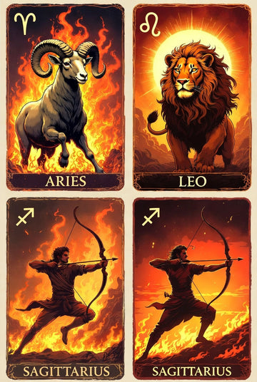 Aries, Leo, and Sagittarius representing the zodiac fire signs