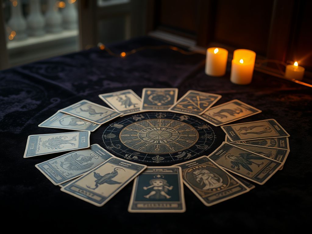 Mystical tarot card spread with zodiac constellations - discover what tarot card represents you