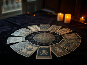 Mystical tarot card spread with zodiac constellations - discover what tarot card represents you