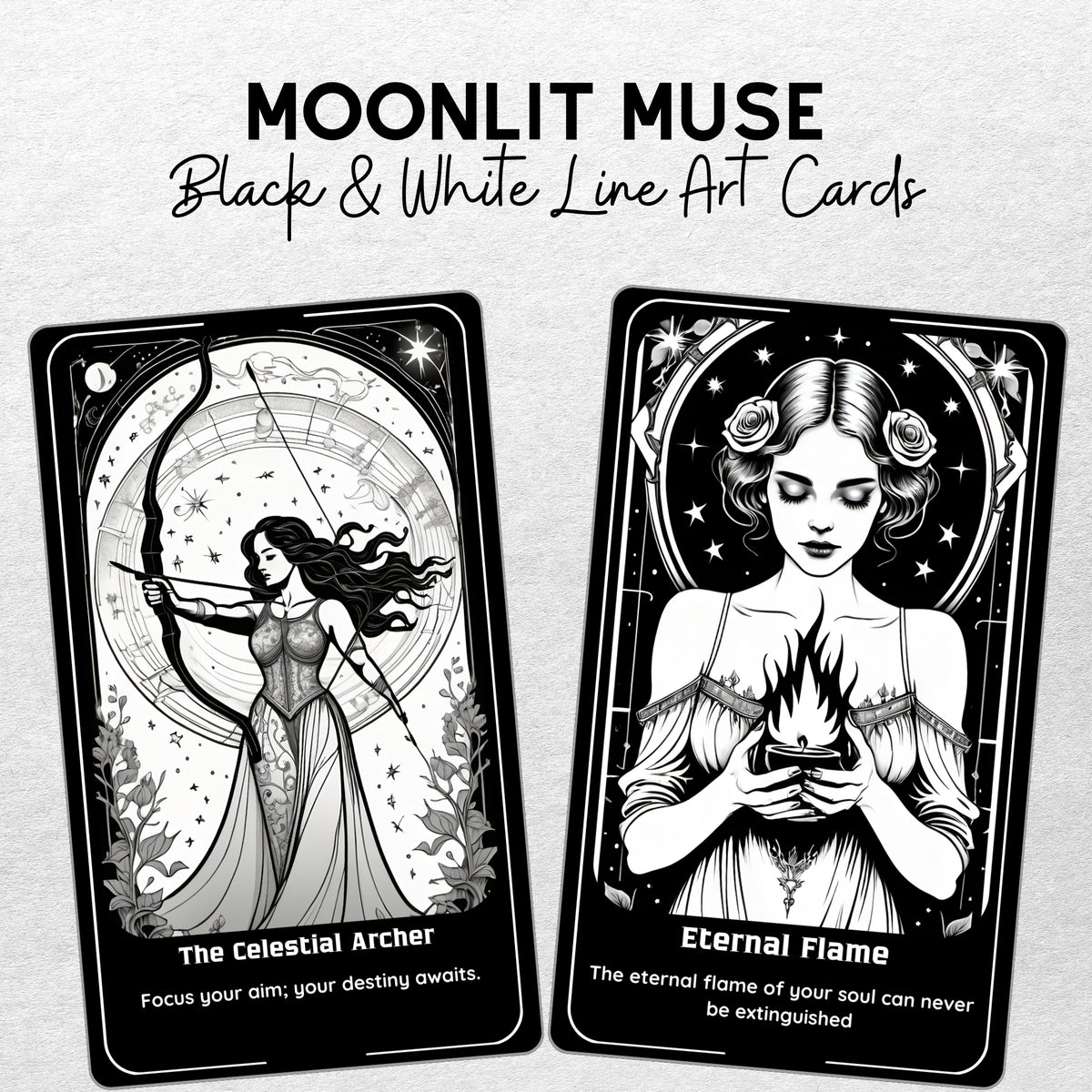 Moonlit Muse Oracle - 78 Black & White Line Art Cards