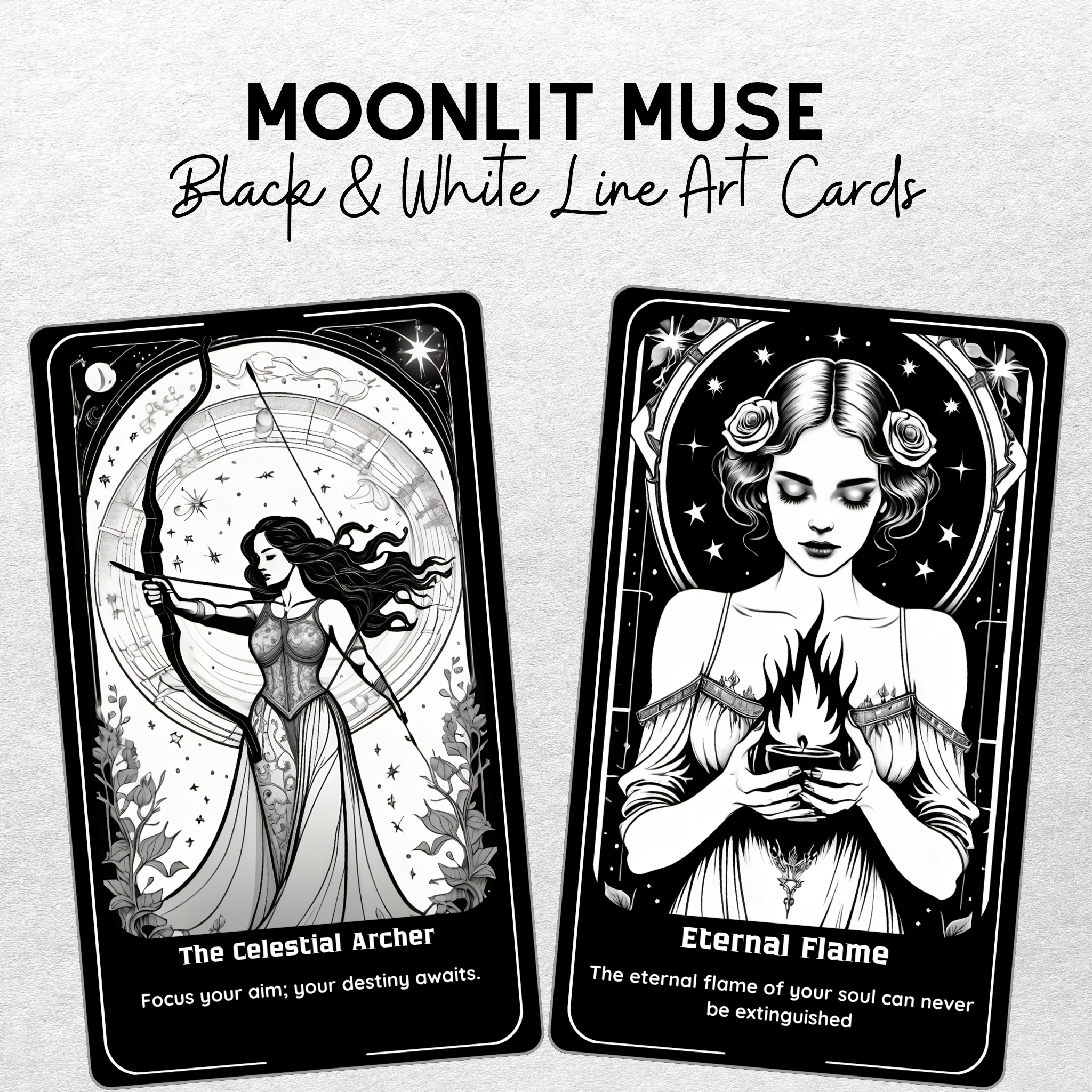 Moonlit Muse Oracle - 78 Black & White Line Art Cards