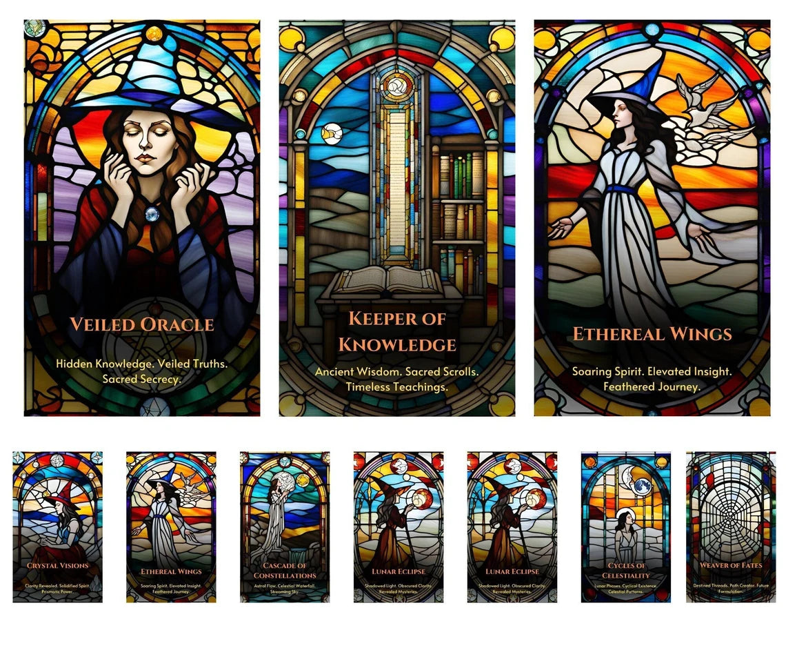 Celestial Witch Oracle Deck - Veiled Oracle Keeper of Knowledge Ethereal Wings Stained Glass Cards
