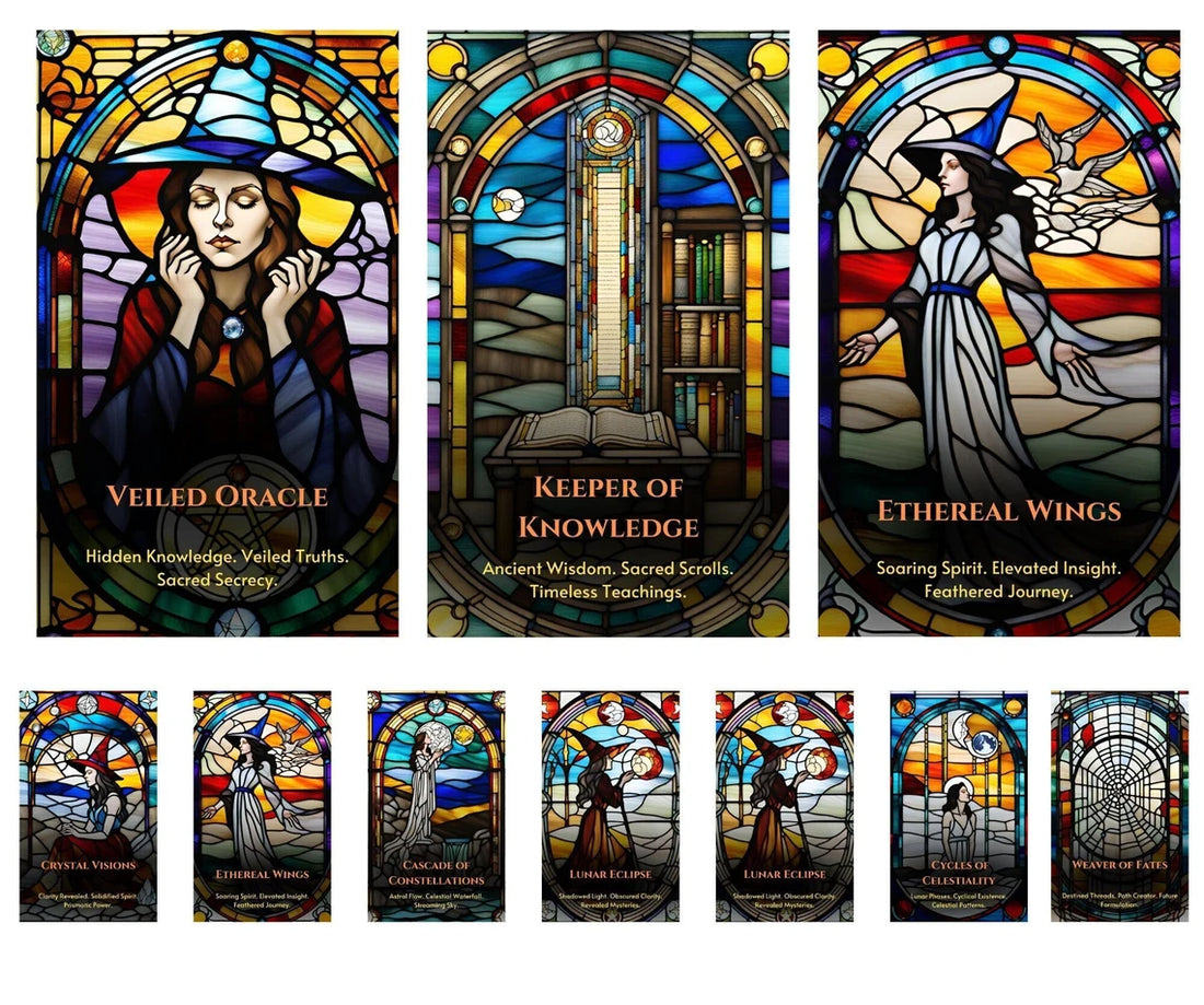 Celestial Witch Oracle Deck - Veiled Oracle Keeper of Knowledge Ethereal Wings Stained Glass Cards