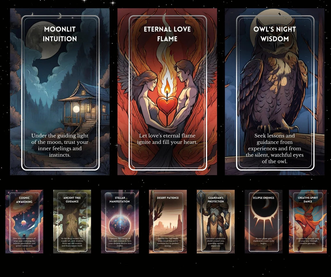 Cosmic Soul Reflections Oracle - Moonlit Intuition Eternal Love Flame Owls Night Wisdom Cards Overview
