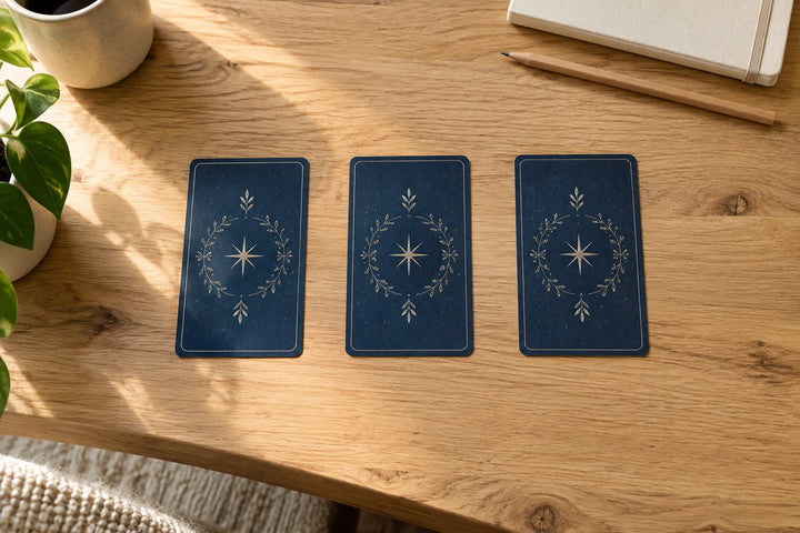 Three face-down tarot cards arranged in a row on an oak desk beside a notebook and pencil.