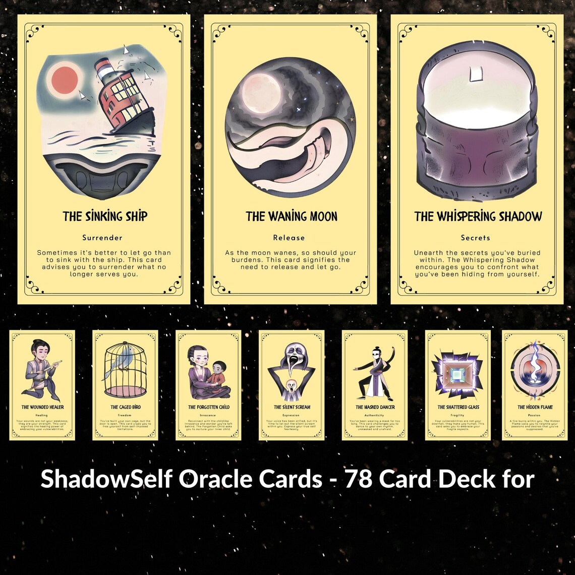 Shadow Self Oracle Deck 78 Cards - Jung-inspired shadow work featuring Sinking Ship, Waning Moon, Whispering Shadow