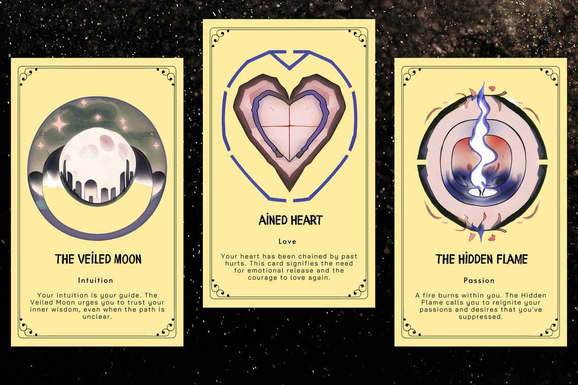 Shadow Self Oracle - The Veiled Moon Intuition, Ained Heart Love, The Hidden Flame Passion cards