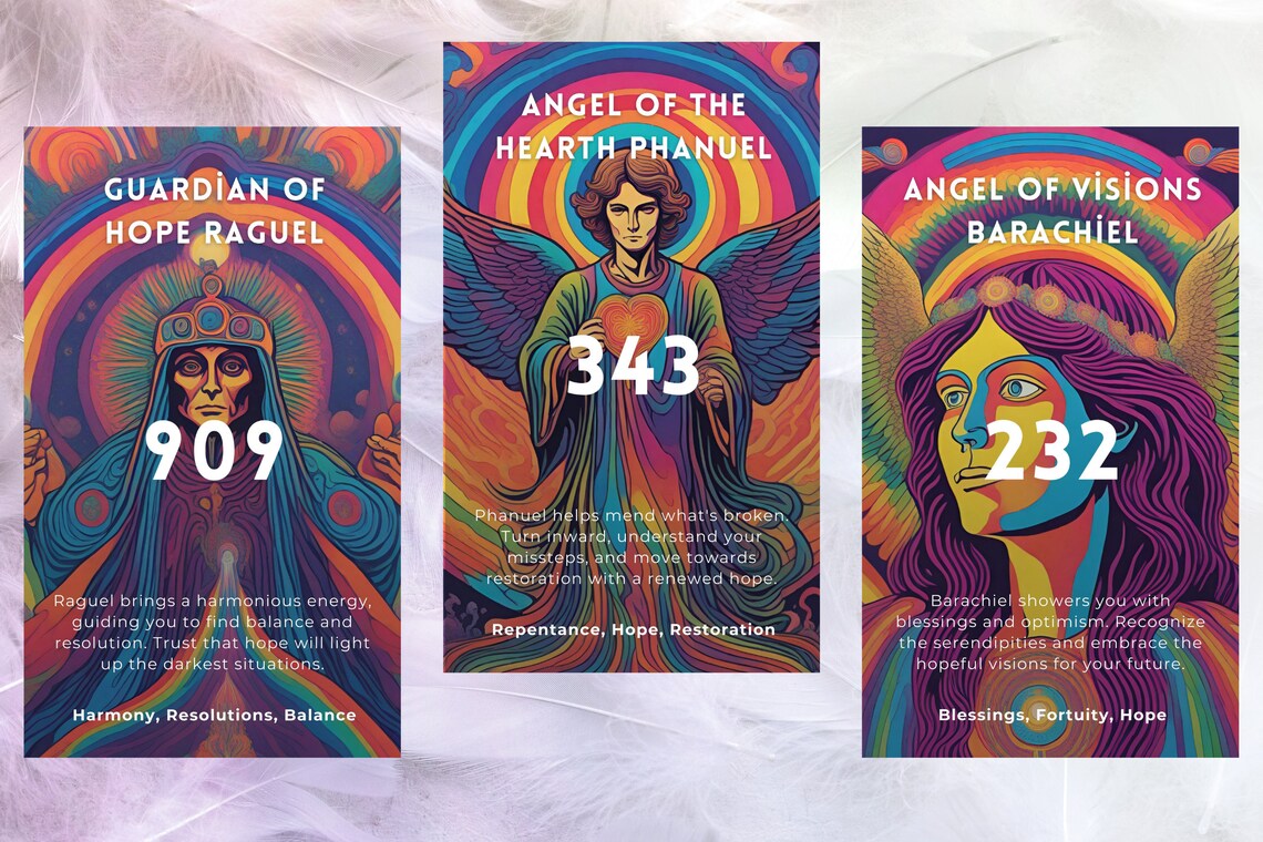 Divine Angel Numbers - Guardian of Hope Raguel 909, Angel of Hearth Phanuel 343, Angel of Visions Barachiel 232