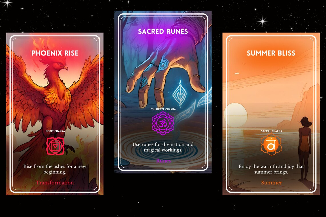 Chakra Balancing Cards - Phoenix Rise Transformation, Sacred Runes Third Eye, Summer Bliss Sacral