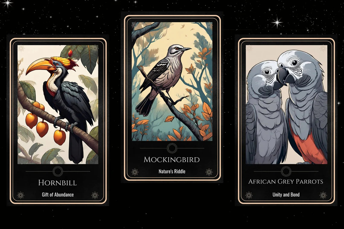 Bird Spirit Tarot Cards - Hornbill Gift of Abundance, Mockingbird Nature's Riddle, African Grey Parrots