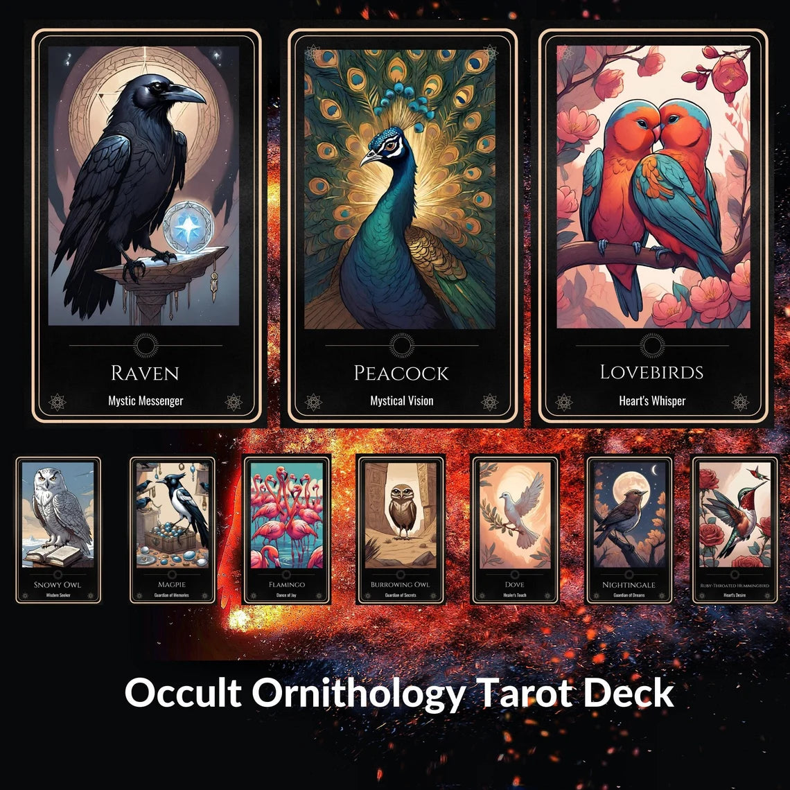 Mystic Wings Tarot Deck - 22 Bird-Themed Major Arcana featuring Raven, Peacock, Lovebirds avian spirit cards