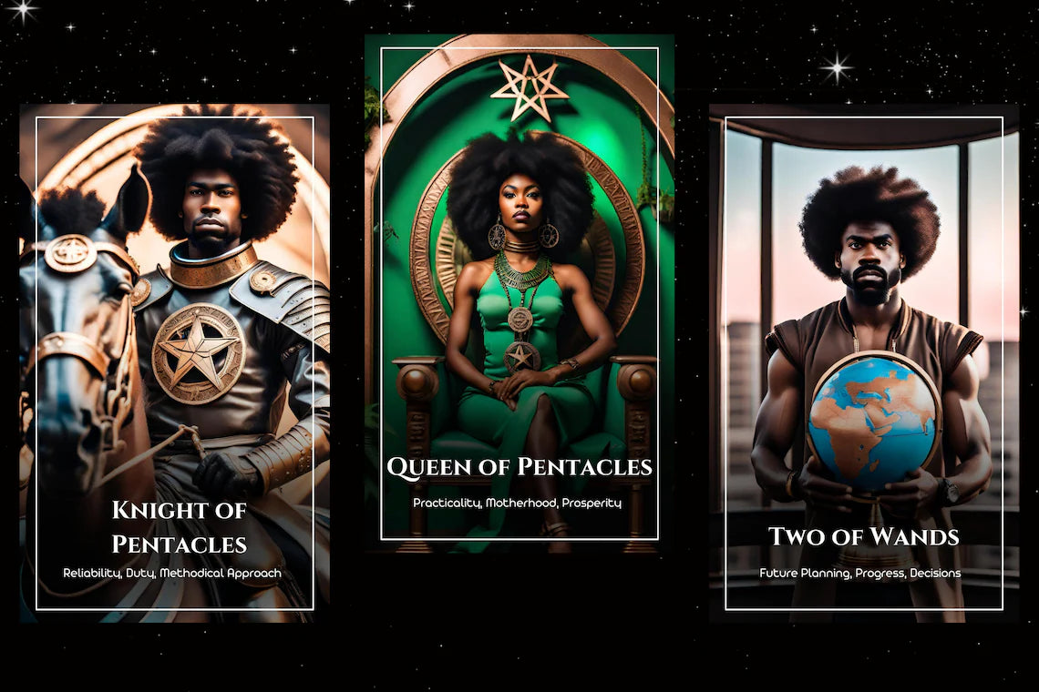 Black Heritage Tarot Court Cards - Knight of Pentacles, Queen of Pentacles, Two of Wands
