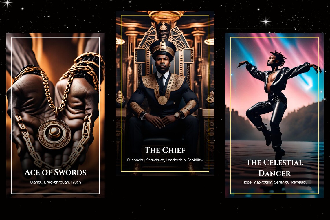 Black Heritage Major Arcana - Ace of Swords, The Chief, The Celestial Dancer leadership cards