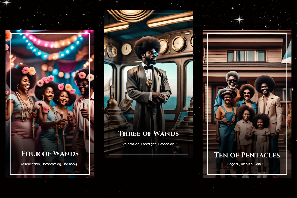 Black Culture Tarot - Four of Wands Celebration, Three of Wands, Ten of Pentacles family legacy