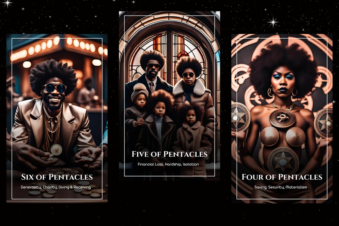 African American Tarot Pentacles - Six, Five, Four of Pentacles prosperity and abundance cards
