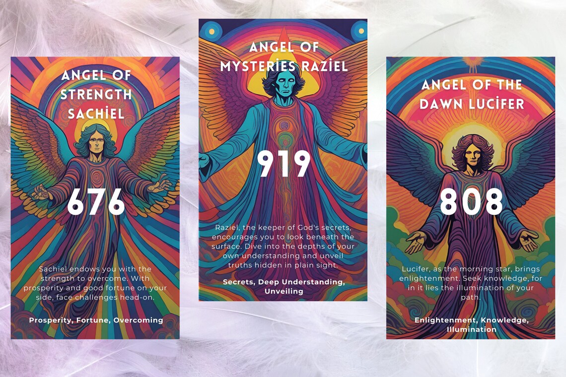 Angel Numbers Cards - Angel of Strength Sachiel 676, Angel of Mysteries Raziel 919, Angel of Dawn Lucifer 808